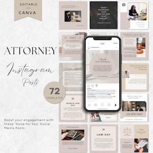Könnte beinhalten: Ein Satz von 72 Instagram-Postvorlagen für Anwälte. Die Vorlagen haben ein beige-braunes Farbschema mit rechtsthematischen Grafiken und Text. Der Text enthält Sätze wie "Anwalt Instagram Posts", "Juristischer Fachjargon", "Welttag des Rechts" und "Kundenreferenz".