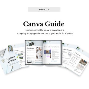 May include: A white background with the text "BONUS" and "Canva Guide." The guide includes a step-by-step tutorial for editing in Canva. The image shows an open book with pages on Canva basics, frames, and transparency.