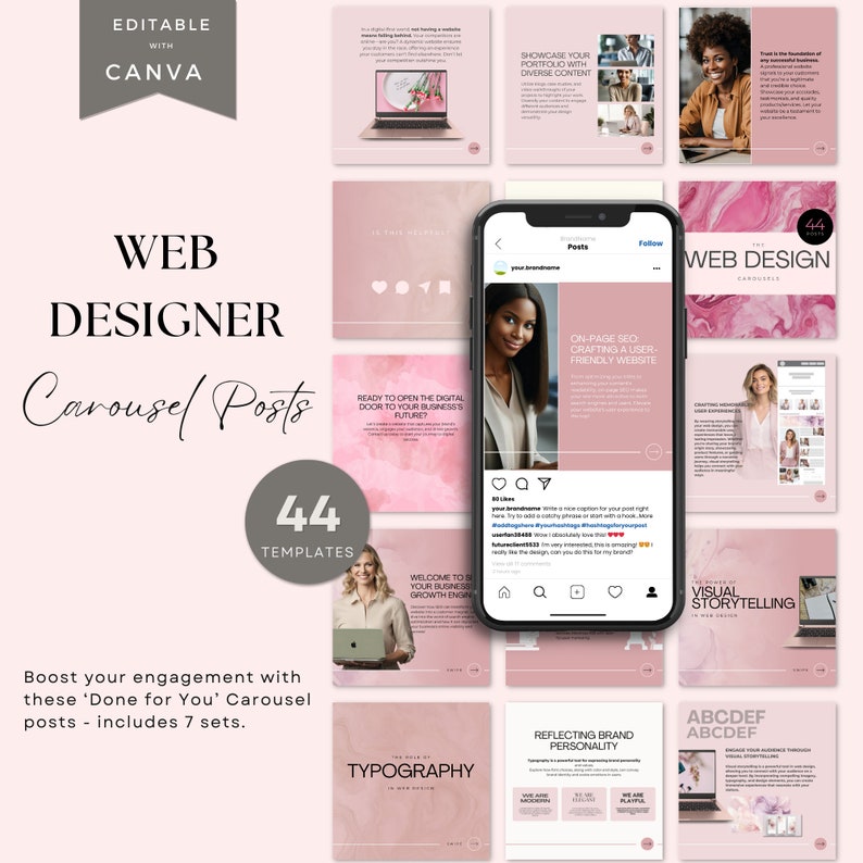May include: A set of 44 pink and white web design carousel post templates for social media. The templates feature a variety of designs, including typography, visual storytelling, and brand personality. The text on the templates includes "Web Designer Carousel Posts", "44 Templates", "On-Page SEO", "Crafting a User-Friendly Website", "Visual Storytelling", "Reflecting Brand Personality", "Typography", and "ABCDEF".