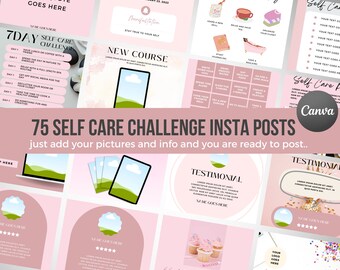 May include: A pink and white graphic design template for social media posts. The template features a 7-day self-care challenge, a new course announcement, and testimonials. The design includes illustrations of a cup of tea, a bath, and a laptop.