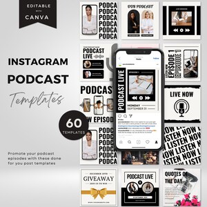May include: A set of 60 Instagram post templates for promoting podcasts. The templates feature a black and white color scheme with bold text and graphics. Some templates include a microphone icon, a play button, and a quote bubble. The text on the templates includes phrases like "Podcast Live", "New Episode", "Listen Now", and "Quotes of the Day".