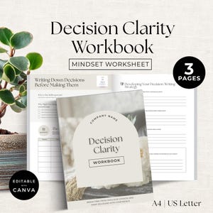 May include: A workbook titled "Decision Clarity Workbook" with the subtitle "Mindset Worksheet." The cover features the text "Decision Clarity Workbook" and "Company Name." The workbook is editable with Canva and has 3 pages. The size is A4 and US Letter.