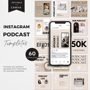 May include: A collection of 60 Instagram post templates for promoting podcasts. The templates feature a variety of designs, including a microphone, a laptop, and a cup of coffee. The text on the templates includes phrases like "Podcast Live", "New Podcast Episode", and "Thank You 50K Listeners".