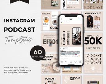 Peut inclure: Un ensemble de 60 modèles de publication Instagram conçus pour promouvoir des podcasts. Les modèles présentent une variété de designs, notamment un microphone, un ordinateur portable et une tasse de café. Le texte sur les modèles comprend des phrases telles que "Podcast Live", "Nouvel épisode de podcast" et "Merci 50 000 auditeurs".