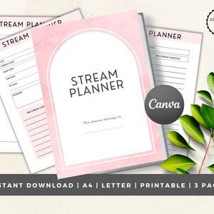 Könnte beinhalten: Ein druckbarer Planer mit einem rosa-weißen Aquarellhintergrund. Der Planer trägt den Titel "Stream Planner" und hat einen Abschnitt für Pre-Stream-Checklisten. Der Planer ist zum sofortigen Download verfügbar und umfasst 3 Seiten.