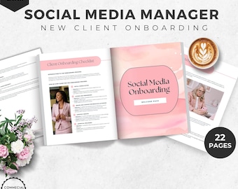May include: A pink and white printable guide for social media managers with the title "Social Media Onboarding Welcome Pack" and the text "Client Onboarding Checklist". The guide has 22 pages and is editable in Canva.