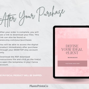 Pode incluir: Um caderno digital rosa com o t&iacute;tulo "Define Your Ideal Client Workbook" e o texto "Your Name Goes Here" na tela de um tablet. O fundo &eacute; uma superf&iacute;cie de m&aacute;rmore.