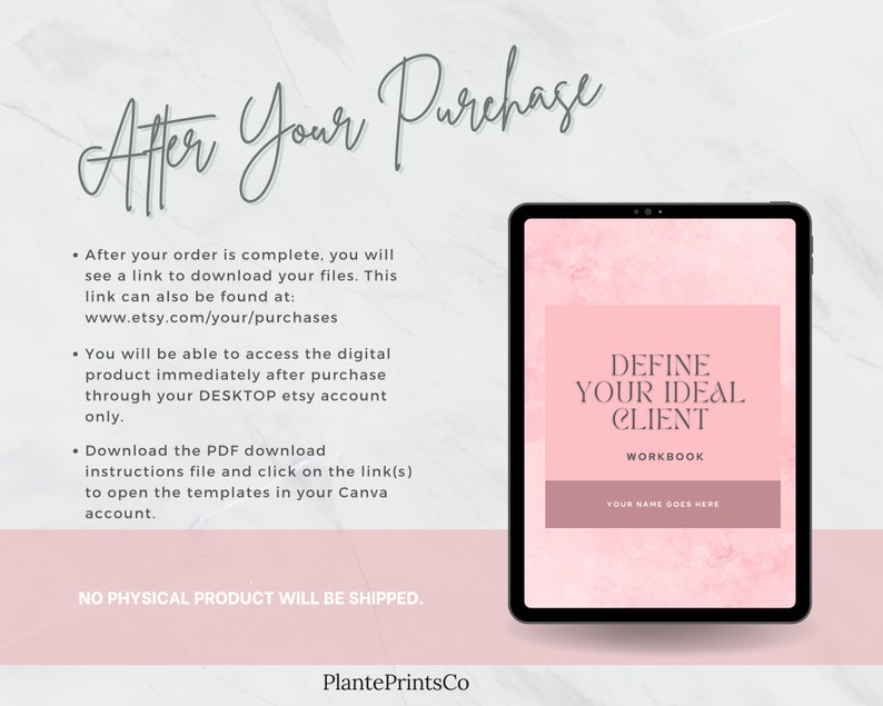 Pode incluir: Um caderno digital rosa com o t&iacute;tulo "Define Your Ideal Client Workbook" e o texto "Your Name Goes Here" na tela de um tablet. O fundo &eacute; uma superf&iacute;cie de m&aacute;rmore.