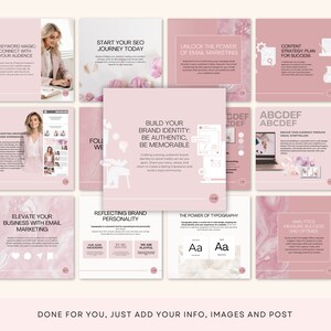May include: A pink and white graphic design template with text that reads "Start your SEO journey today", "Unlock the power of email marketing", "Build your brand identity: Be authentic, be memorable", "Content strategy: Plan for success", "Elevate your business with email marketing", "Reflecting brand personality", "The power of typography", and "Analytics measure success and optimize".