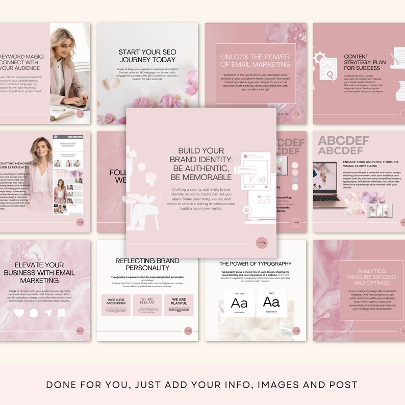 May include: A pink and white graphic design template with text that reads "Start your SEO journey today", "Unlock the power of email marketing", "Build your brand identity: Be authentic, be memorable", "Content strategy: Plan for success", "Elevate your business with email marketing", "Reflecting brand personality", "The power of typography", and "Analytics measure success and optimize".