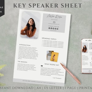 Keynote Speaker Sheet Template | INSTANT DOWNLOAD | Author Media Kit | One Sheet Speaker | Professional Speaker Sheet | Presentation Flyer