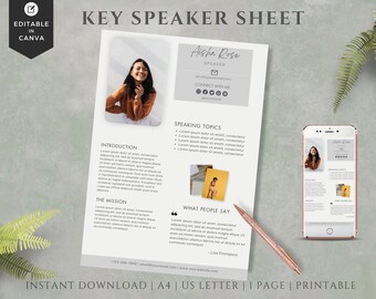 May include: A white key speaker sheet with a photo of a woman in the top left corner. The sheet includes the speaker's name, Aisha Rose, contact information, speaking topics, a mission statement, and testimonials. The text "INSTANT DOWNLOAD | A4 | US LETTER | 1 PAGE | PRINTABLE" is at the bottom of the sheet.