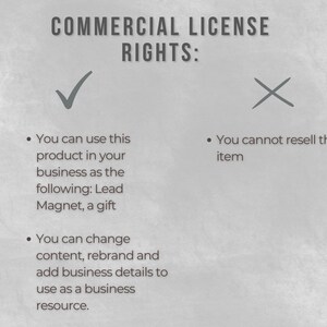May include: A graphic with a checkmark and an X, outlining the commercial license rights for a product. The text states that you can use the product in your business as a lead magnet or gift, and you can change the content, rebrand, and add business details. You cannot resell the item.