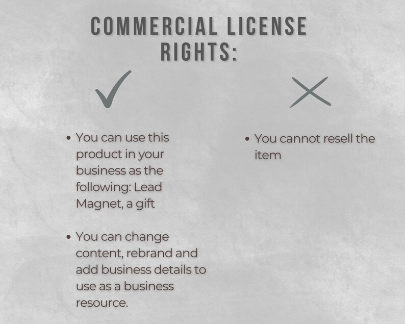 May include: A graphic with a checkmark and an X, outlining the commercial license rights for a product. The text states that you can use the product in your business as a lead magnet or gift, and you can change the content, rebrand, and add business details. You cannot resell the item.