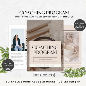Może przedstawiać: Cyfrowy szablon programu coachingowego ze słowami "COACHING PROGRAM" pogrubioną czcionką. Projekt zawiera zdjęcie kobiety, filiżankę kawy i tekst "YOUR PATH TO PROGRESS". Szablon jest edytowalny w Canva.