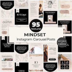 Puede incluir: Un conjunto de 95 plantillas de publicaciones de carrusel de Instagram editables centradas en la mentalidad y el bienestar. El diseño presenta una paleta de colores neutros con texto como "Mindset", "Free Resource" y "10 Ways".