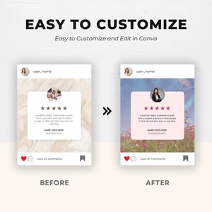 May include: Before and after images of a social media post with a customer testimonial. The before image has a marble background and the after image has a floral background. The text in the post reads: "A small but mighty testimonial or quote from a customer goes here to entice people to click and read some more on your blog. NAME GOES HERE Entrepreneur"