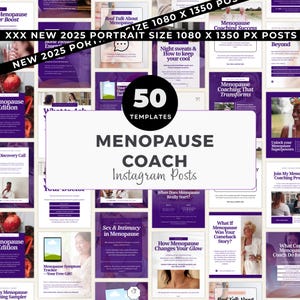 May include: A collection of 50 Instagram post templates for menopause coaches. The templates feature a purple and white color scheme with text such as "Menopause Coach" and "Real Talk About Menopause."