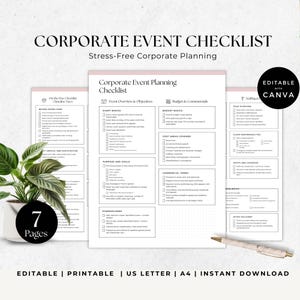 May include: A corporate event checklist template with the text "Corporate Event Checklist" and "Stress-Free Corporate Planning". The checklist includes sections for event basics, budget, and team overview. The image also includes the text "Editable with Canva".