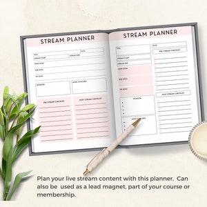 May include: A black and white planner with the text "STREAM PLANNER" on the cover. The planner is open to a page with sections for pre-stream and post-stream checklists.