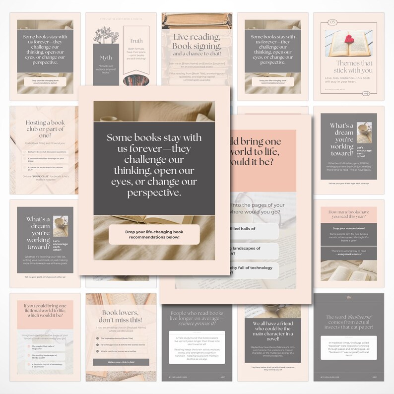 May include: A series of promotional cards with text about books and reading. The cards feature quotes such as "Some books stay with us forever" and questions like "What's a dream you're working toward?" in a soft, neutral colour palette.