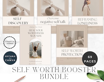 May include: A bundle of five workbooks with the title "Self Worth Booster Bundle". The workbooks have a beige and white color scheme with titles like "Self Discovery" and "Heal Your Worthiness Wounds". The image also includes a pen and leaves.