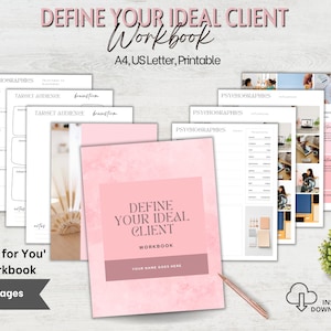 Puede incluir: Un cuaderno rosa y blanco con el título "Define Your Ideal Client Workbook" y el texto "Your Name Goes Here". El cuaderno está sobre una superficie de madera con una planta en el fondo. El cuaderno tiene 14 páginas y está disponible para descarga instantánea.