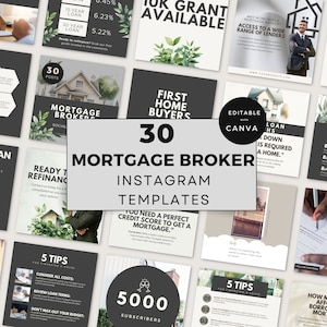 Op de afbeelding: Een verzameling van 30 Instagram-sjablonen voor hypotheekadviseurs. De sjablonen bevatten een verscheidenheid aan ontwerpen, waaronder afbeeldingen van huizen, tekst en afbeeldingen. De sjablonen zijn bewerkbaar met Canva. De tekst op de sjablonen bevat zinnen als "Klaar om te herfinancieren?", "Eerste huizenkopers", "Je hebt een perfecte kredietscore nodig om een hypotheek te krijgen", en "5 tips voor het financieren van een huis".