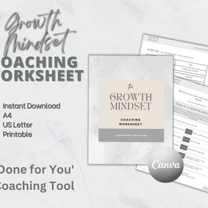 May include: A printable coaching worksheet titled "The Growth Mindset Coaching Worksheet". The worksheet is designed to help people develop a growth mindset. The worksheet includes questions and prompts to help people reflect on their beliefs and behaviours. The worksheet is designed to be used by individuals or in a group setting.