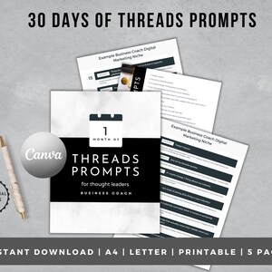 Może przedstawiać: Zestaw drukowalnych dokumentów zatytułowanych "30 Days of Threads Prompts" dla liderów myśli i coachów biznesu. Projekt zawiera ikonę kalendarza, logo Canva i tekst "Licencja komercyjna."