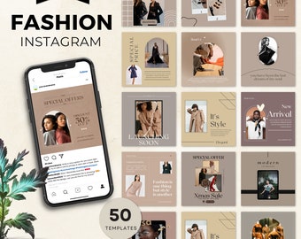 50 Fashion Social Media Templates | Editable in Canva | Neutral Aesthetic | Fashion Engagement Bundle | Instagram Fashion Posts