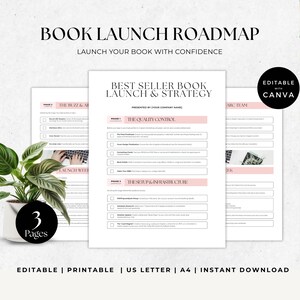 Pode incluir: Um roteiro digital de lançamento de livro com o texto "Book Launch Roadmap" e "Launch Your Book With Confidence". O documento inclui listas de verificação e fases para a estratégia de lançamento do livro. O design é em preto e branco com detalhes em rosa. O documento é editável com Canva.