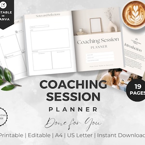 Könnte beinhalten: Ein druckbarer Coaching-Sitzungs-Planer mit 19 Seiten. Der Planer hat einen weißen Hintergrund mit schwarzem Text und enthält Abschnitte für Notizen und Reflexionen, Einführung und Planung Ihres Weges zum Erfolg. Der Planer ist in Canva bearbeitbar und steht zum sofortigen Download bereit.