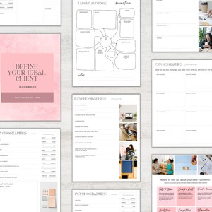 Pode incluir: Um caderno de trabalho rosa e branco intitulado "Define Your Ideal Client Workbook" com o texto "Your Name Goes Here" na parte inferior. O caderno de trabalho inclui se&ccedil;&otilde;es sobre psicografia, p&uacute;blico-alvo e brainstorming.