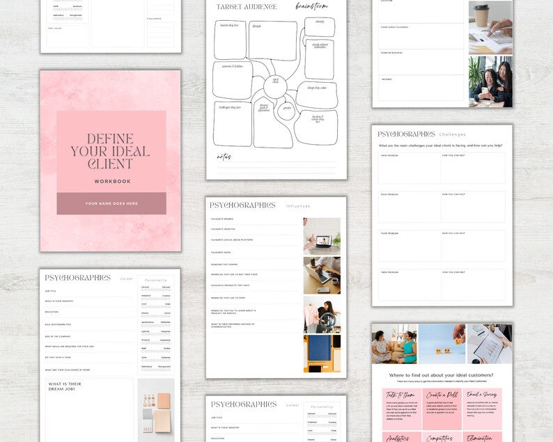 Pode incluir: Um caderno de trabalho rosa e branco intitulado "Define Your Ideal Client Workbook" com o texto "Your Name Goes Here" na parte inferior. O caderno de trabalho inclui se&ccedil;&otilde;es sobre psicografia, p&uacute;blico-alvo e brainstorming.