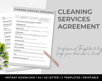 May include: A white Cleaning Services Agreement template with text and fillable fields. The document includes sections for safety, duties, payment, and taxes. A pen rests on the document. The text "CLEANING SERVICES AGREEMENT" is displayed prominently. The image also includes the text "INSTANT DOWNLOAD | A4 | US LETTER | 2 TEMPLATES | PRINTABLE".