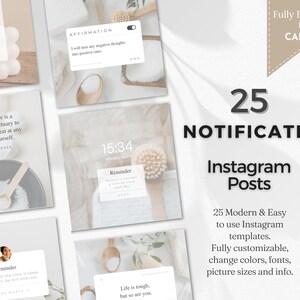 Könnte beinhalten: Werbebild für 25 Instagram-Post-Vorlagen. Das Design zeigt eine neutrale Farbpalette mit verschiedenen Mock-up-Benachrichtigungsbeiträgen, jeweils mit inspirierenden Zitaten und Erinnerungen. Der Text enthält "Vollständig bearbeitbar in Canva".