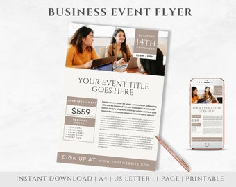 May include: A business event flyer with a beige background and a photo of three people working on laptops. The flyer advertises a training event on Saturday, September 14th from 10am to 2pm. The event costs $559 and covers five training points. The flyer includes the text "Your Event Title Goes Here" and "Sign Up At www.yourwebsite.com".