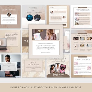 May include: A collage of nine Instagram-style squares with a beige and brown color scheme. The squares feature text about web design, daily motivation, and a masterclass. One square features a woman in front of a computer screen with a color palette displayed. The text on the square reads "Do you have a favorite color scheme that you believe enhances user experience? Share your insights."