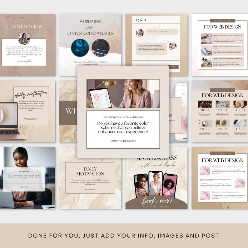 May include: A collage of nine Instagram-style squares with a beige and brown color scheme. The squares feature text about web design, daily motivation, and a masterclass. One square features a woman in front of a computer screen with a color palette displayed. The text on the square reads "Do you have a favorite color scheme that you believe enhances user experience? Share your insights."
