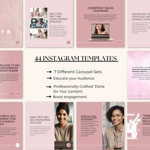 May include: A pink and white graphic design template for Instagram featuring a woman with glasses and a laptop. The template includes text that says "44 Instagram Templates" and lists the benefits of using the templates, such as "7 Different Carousel Sets", "Educate your Audience", "Professionally Crafted 'Done for You' content", and "Boost engagement".
