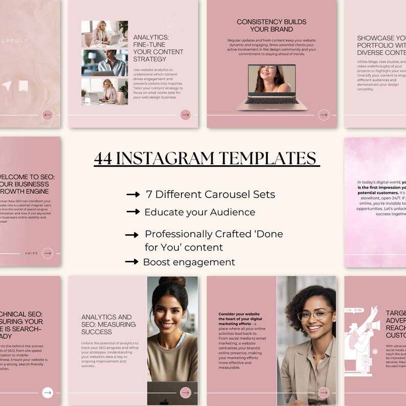 May include: A pink and white graphic design template for Instagram featuring a woman with glasses and a laptop. The template includes text that says "44 Instagram Templates" and lists the benefits of using the templates, such as "7 Different Carousel Sets", "Educate your Audience", "Professionally Crafted 'Done for You' content", and "Boost engagement".