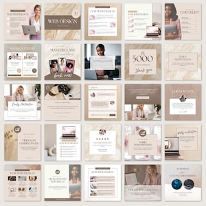May include: A collection of social media graphics for a web design business. The graphics feature a variety of images, including a woman working on a laptop, a marble background, and a floral design. The text on the graphics includes phrases like "For Web Design", "Daily Motivation", and "High Demand for Skills".