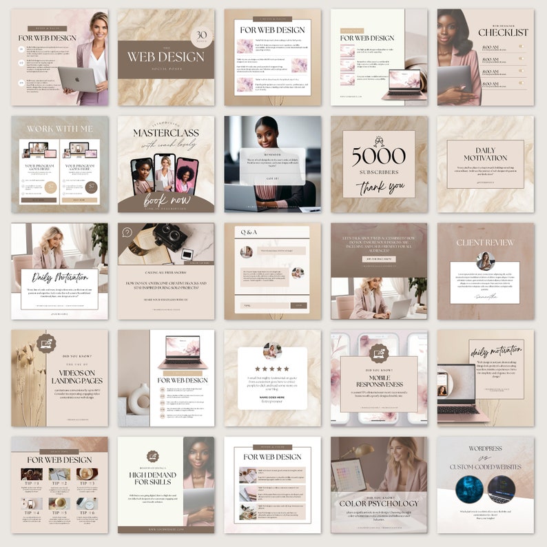 May include: A collection of social media graphics for a web design business. The graphics feature a variety of images, including a woman working on a laptop, a marble background, and a floral design. The text on the graphics includes phrases like "For Web Design", "Daily Motivation", and "High Demand for Skills".