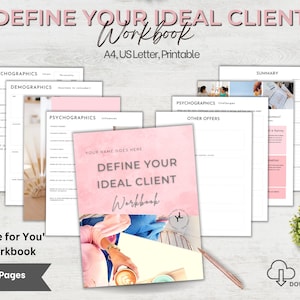 Puede incluir: Un cuaderno de trabajo imprimible rosa y blanco titulado "Define Your Ideal Client Workbook" con el texto "Your Name Goes Here" y un gráfico de una mujer trabajando en una computadora portátil. El cuaderno de trabajo tiene 14 páginas y está disponible para descarga instantánea.