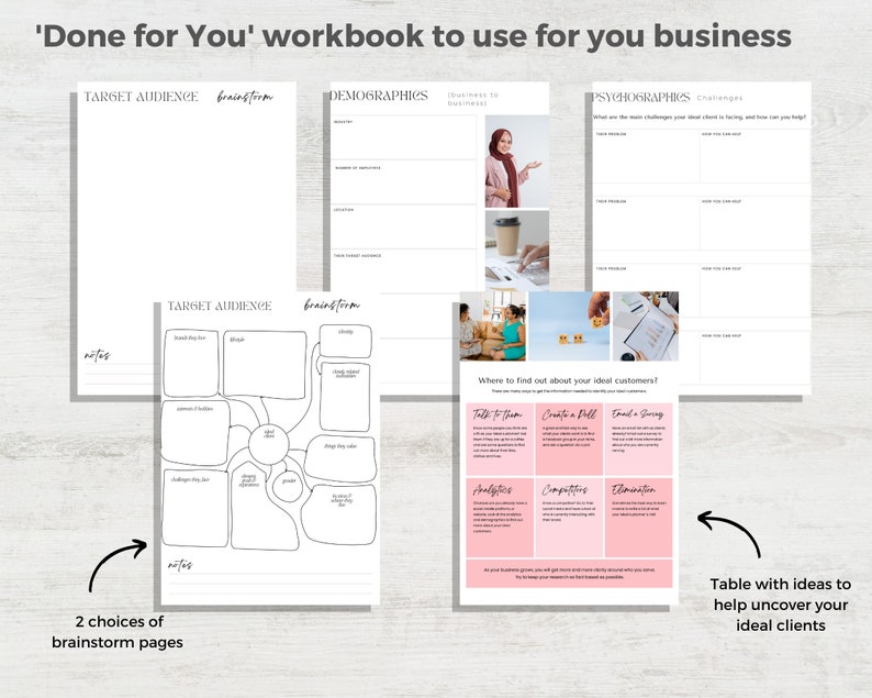Pode incluir: Um caderno de exerc&iacute;cios com o t&iacute;tulo 'Done for You' para ajud&aacute;-lo a entender seu cliente ideal. O caderno de exerc&iacute;cios inclui p&aacute;ginas para brainstorming sobre o p&uacute;blico-alvo, a demografia, a psicografia e os desafios. Tamb&eacute;m inclui uma tabela com ideias sobre como descobrir seus clientes ideais.