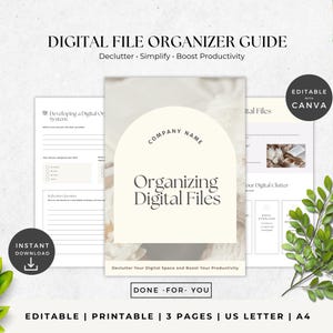Puede incluir: Una guía de organización de archivos digitales titulada "Organizando archivos digitales" con un diseño minimalista. La guía incluye el texto "Despejar, Simplificar, Aumentar la productividad" y está etiquetada como "Editable con Canva". Disponible en tamaños US Letter y A4.