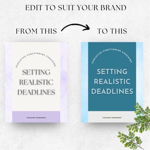 Peut inclure: Image comparant deux mod&egrave;les de fiches de coaching. Le mod&egrave;le de gauche est violet et blanc, avec le texte "Setting Realistic Deadlines". Le mod&egrave;le de droite est bleu et blanc, avec le m&ecirc;me texte. Les deux indiquent "Executive Functioning Coaching".