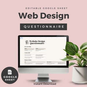 Op de afbeelding: Een computerscherm met een Google Sheet-sjabloon voor een website-ontwerp vragenlijst. De sjabloon bevat secties voor voorselectie, contactgegevens, bedrijfsbasis en doelgroep.
