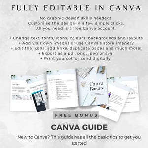 May include: Image promoting a Canva guide, with the text "FULLY EDITABLE IN CANVA." It highlights customisation options, including text and image changes. A free bonus Canva guide is offered. The image shows open books and a keyboard.
